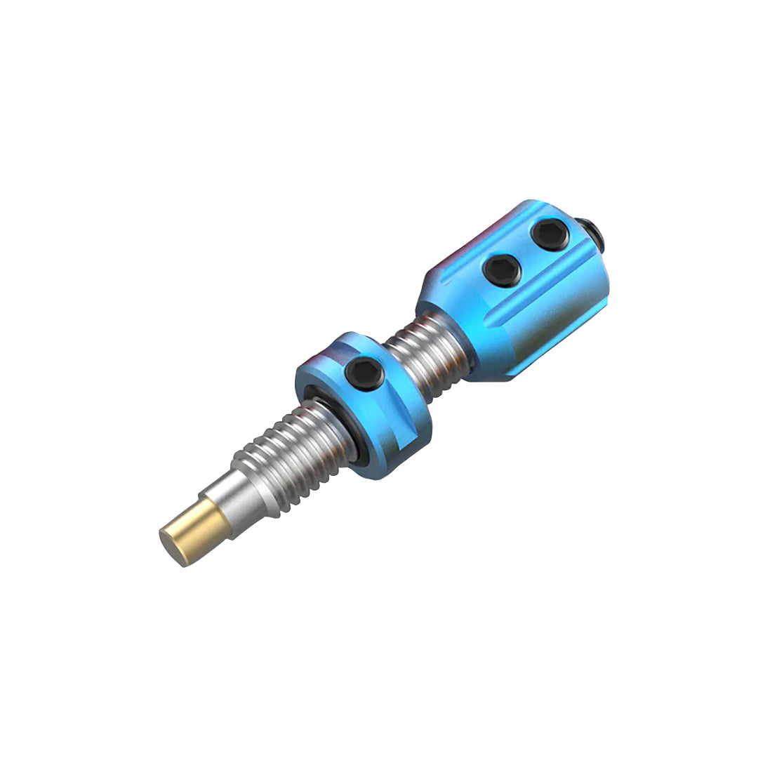 Photo of blue Bicaster plunger button on a white background.