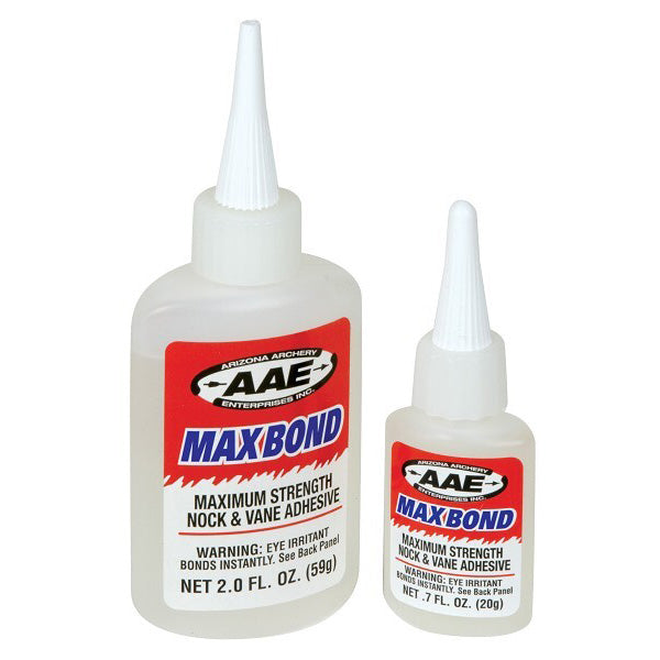 Photo of two bottles of AAE Max Bond Glue. One is the 59g bottle and the other the 20g bottle.