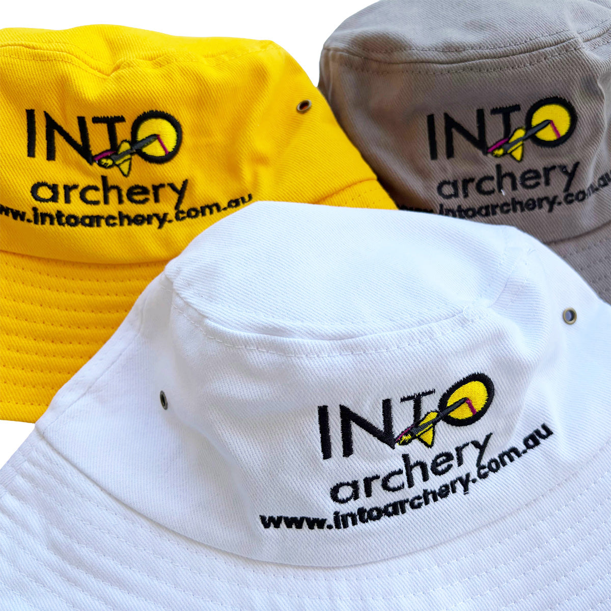 Photo of three INTO Archery bucket hats.