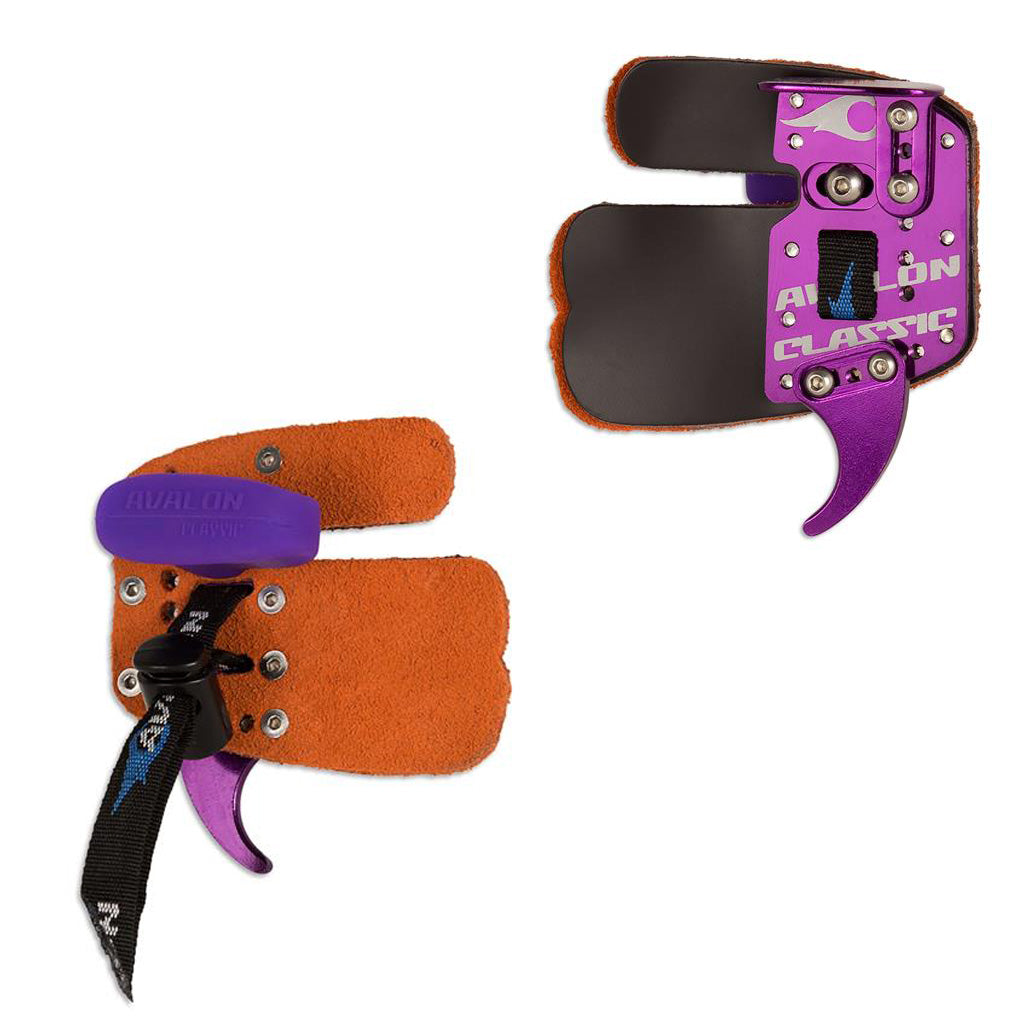 Photo of front and back of Avalon classic recurve tab in the colour purple.