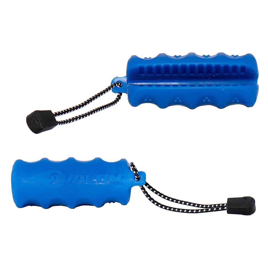 Photo of Avalon Grasper arrow puller in blue. There are two views of the grasper. One side shows the arrow slot and the other side is the part that goes in your hand.