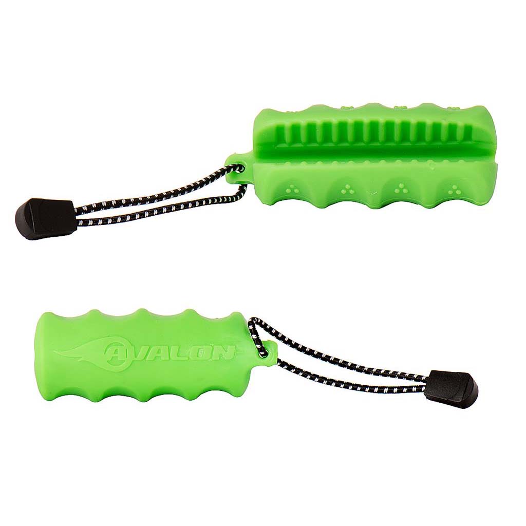 Photo of Avalon Grasper arrow puller in green. There are two views of the grasper. One side shows the arrow slot and the other side is the part that goes in your hand.