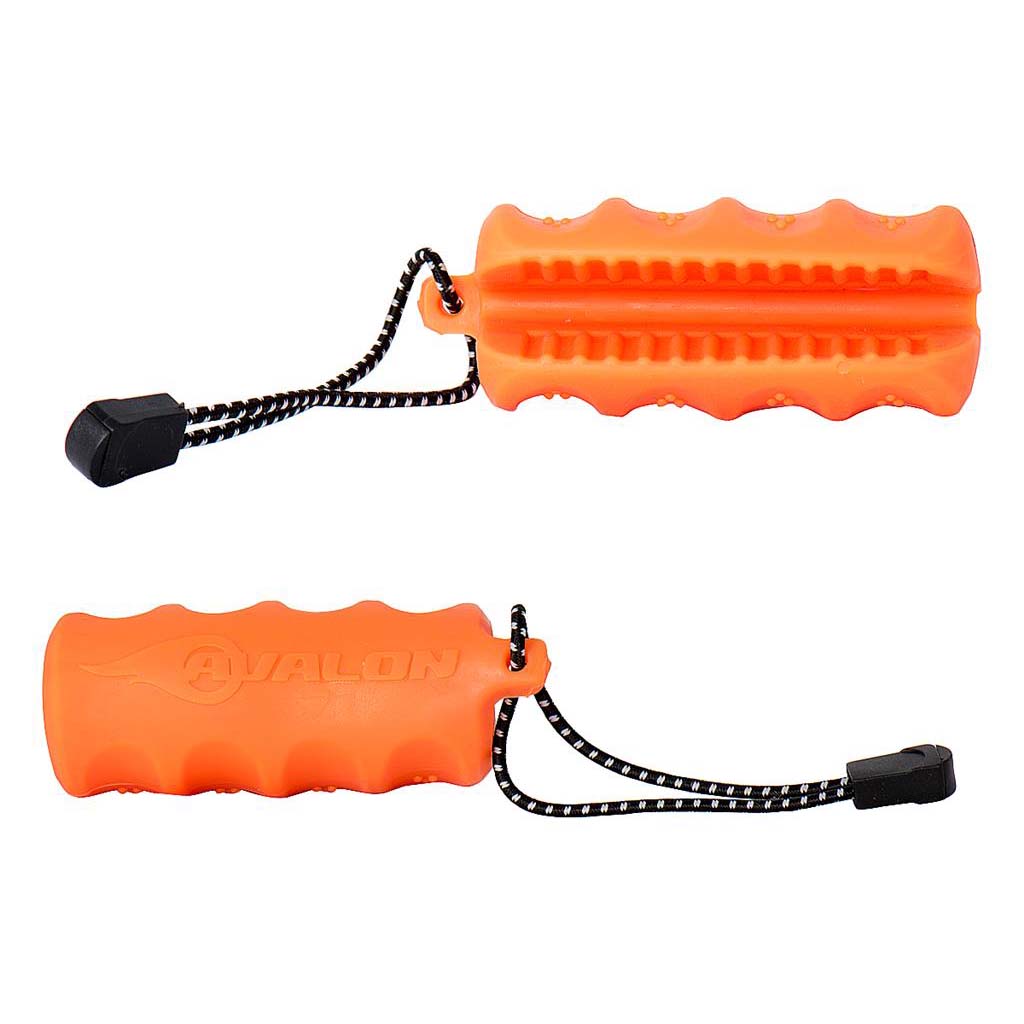 Photo of Avalon Grasper arrow puller in orange. There are two views of the grasper. One side shows the arrow slot and the other side is the part that goes in your hand.