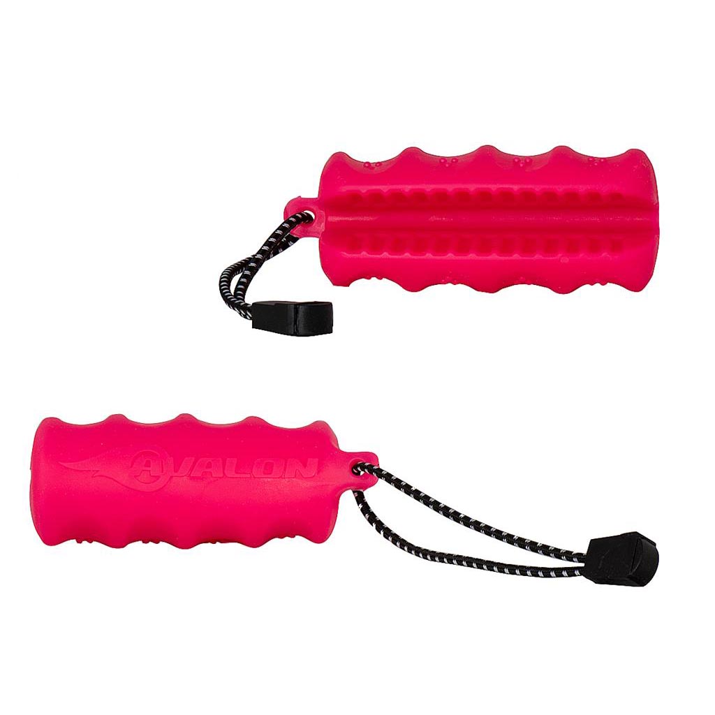 Photo of Avalon Grasper arrow puller in pink. There are two views of the grasper. One side shows the arrow slot and the other side is the part that goes in your hand.