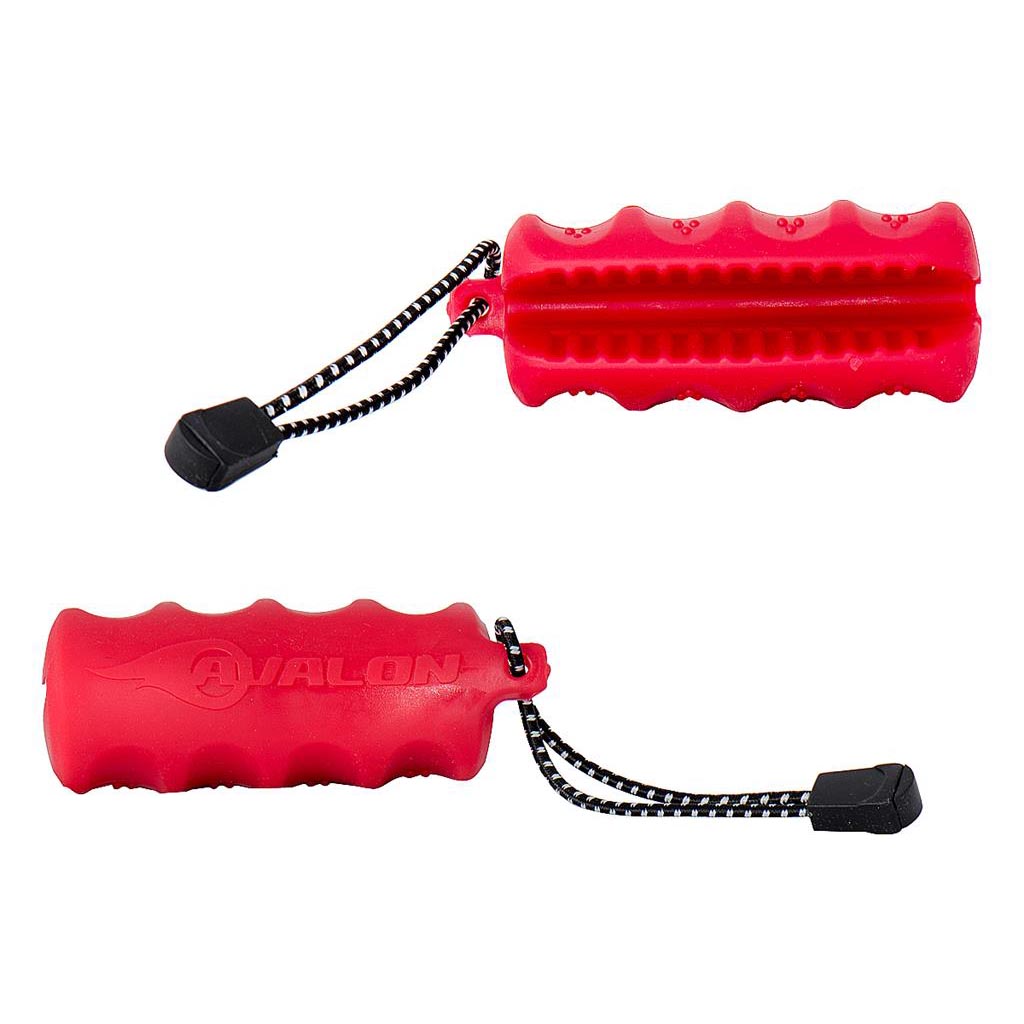 Photo of Avalon Grasper arrow puller in red. There are two views of the grasper. One side shows the arrow slot and the other side is the part that goes in your hand.