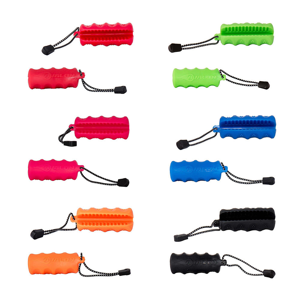 Photo of all the colours of Avalon Grasper arrow puller that are available. There are two views of each of the graspers. One side shows the arrow slot and the other side is the part that goes in your hand.