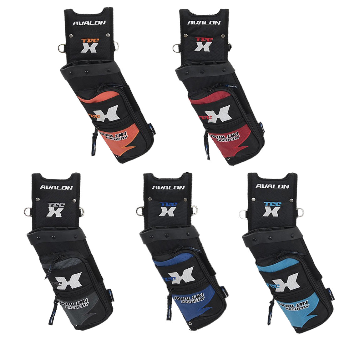 Photo of Avalon tecX field quivers in the five colours we stock.