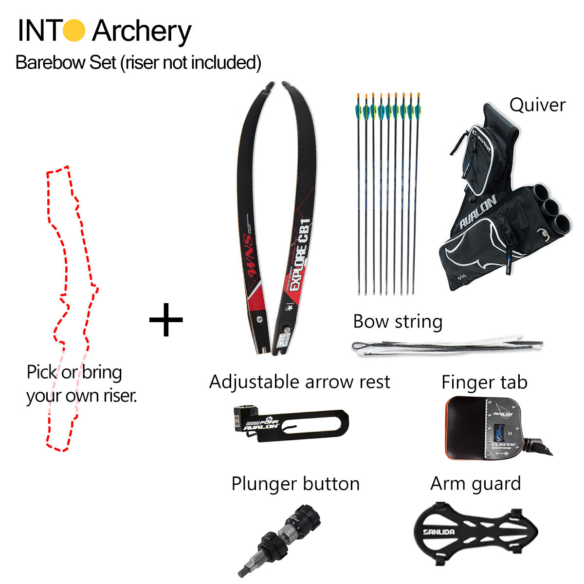 Photo of components of the INTO Archery barebow set that can be added onto a riser to make a set. It includes product images and labels.