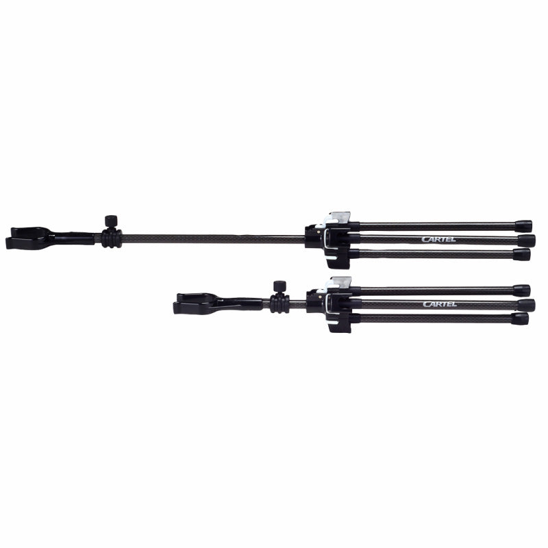 Photo of two folded Cartel Ezy Bow Stand on a white background.