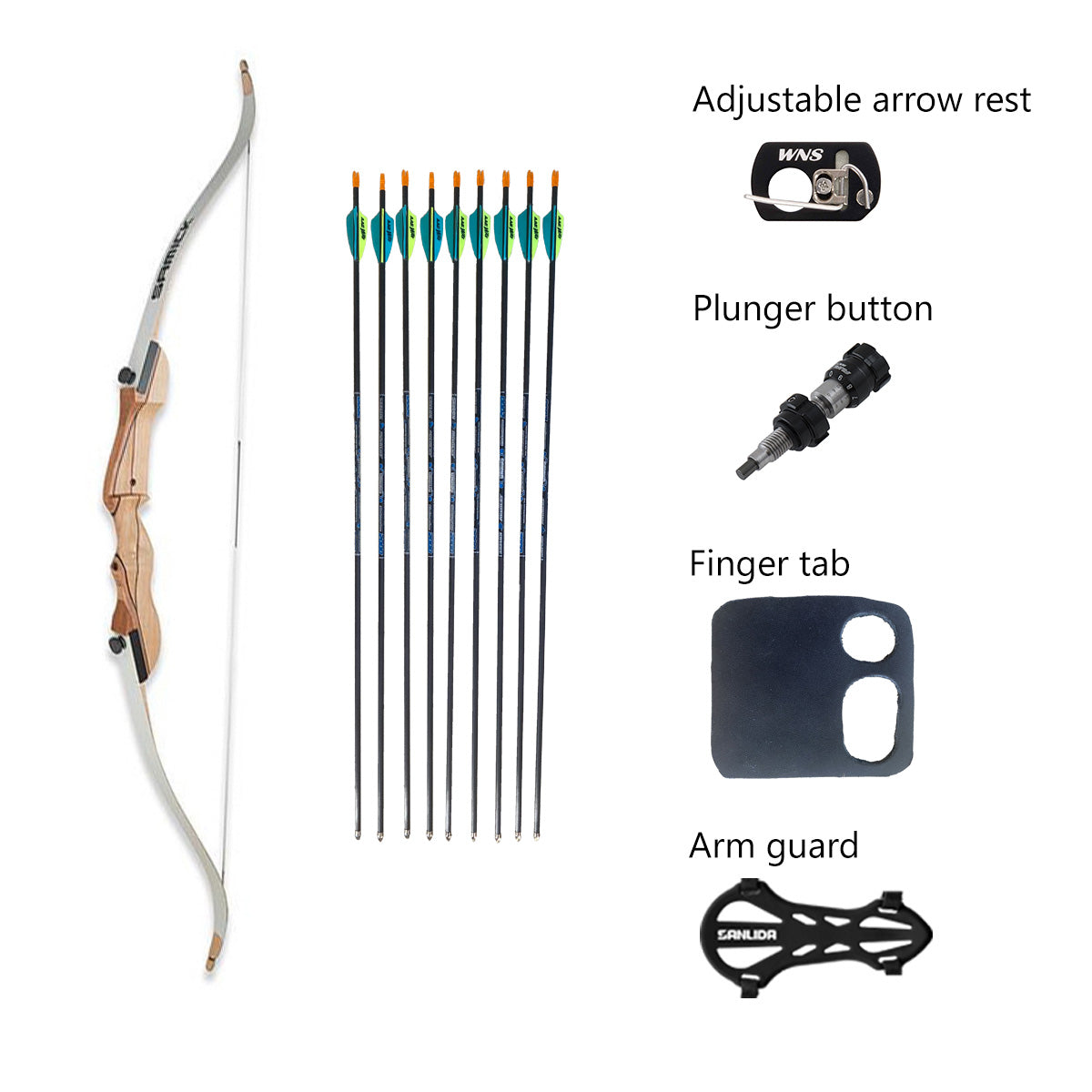 Photo of contents of children's archery set. Includes a bow, arrows, adjustable arrow rest, plunger button, finger tab and arm guard.
