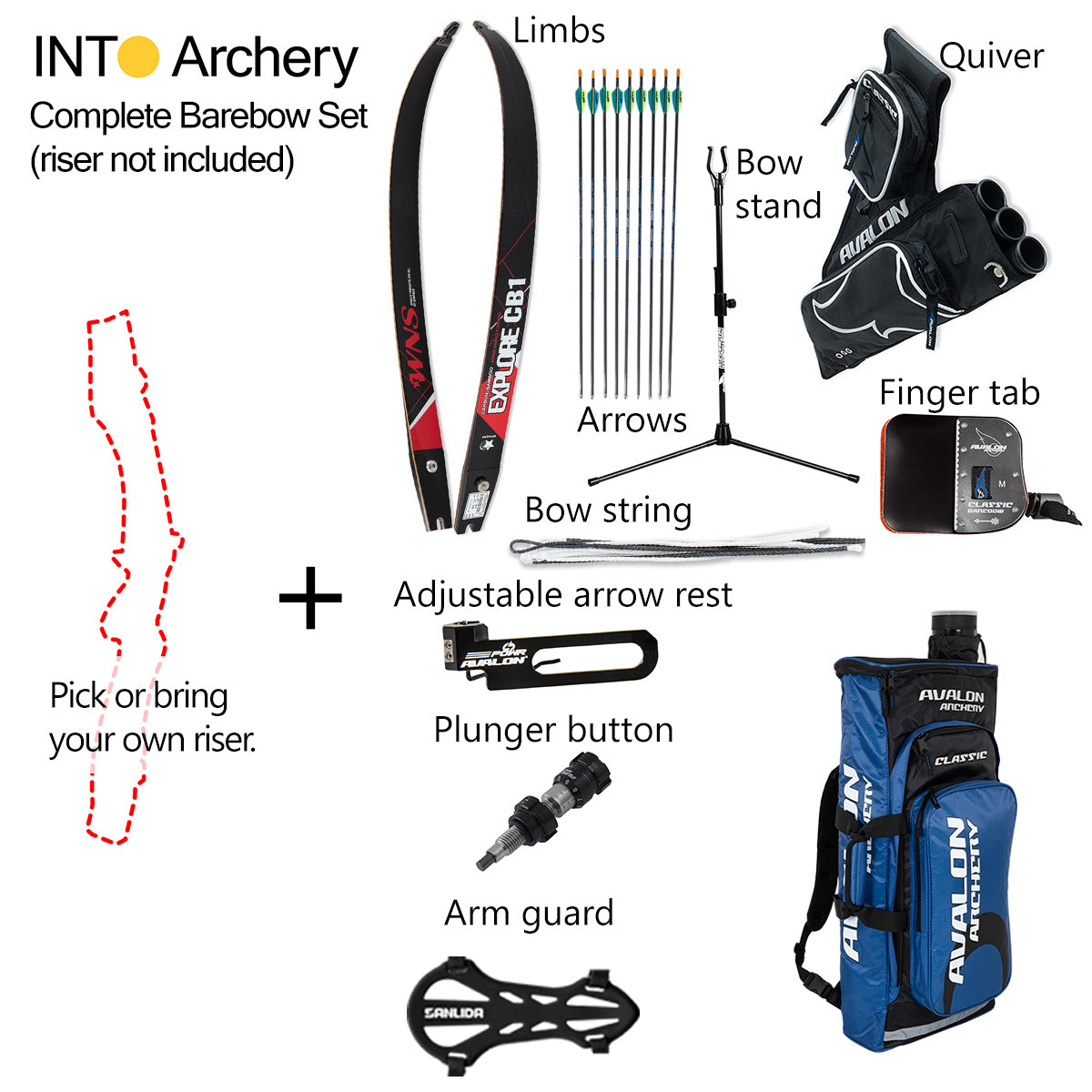 Photo of the components of the INTO Archery complete barebow set that can be added onto a riser to make a set.  Includes product photos and labels.