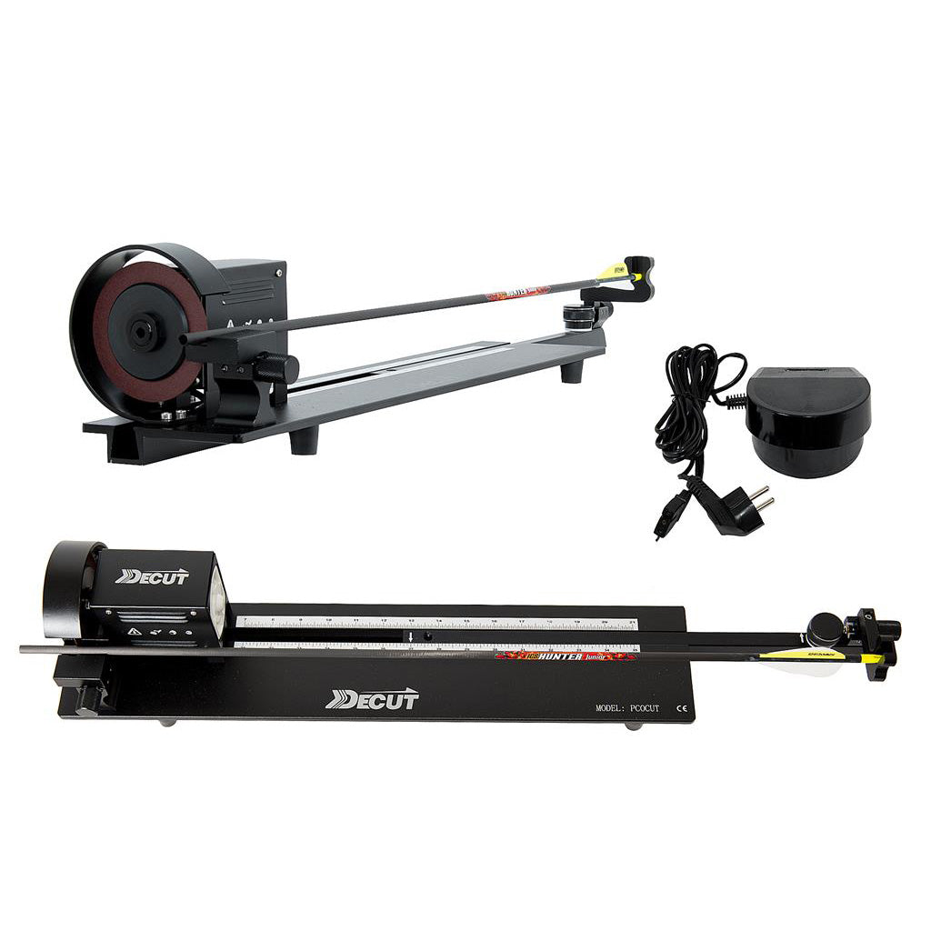 Photo of the Decut arrow saw. Includes a top down view, end on view and a photo of the foot pedal/power cable.