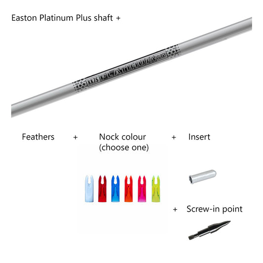 Photo of components for custom-made Easton Platinum Plus aluminium arrows.