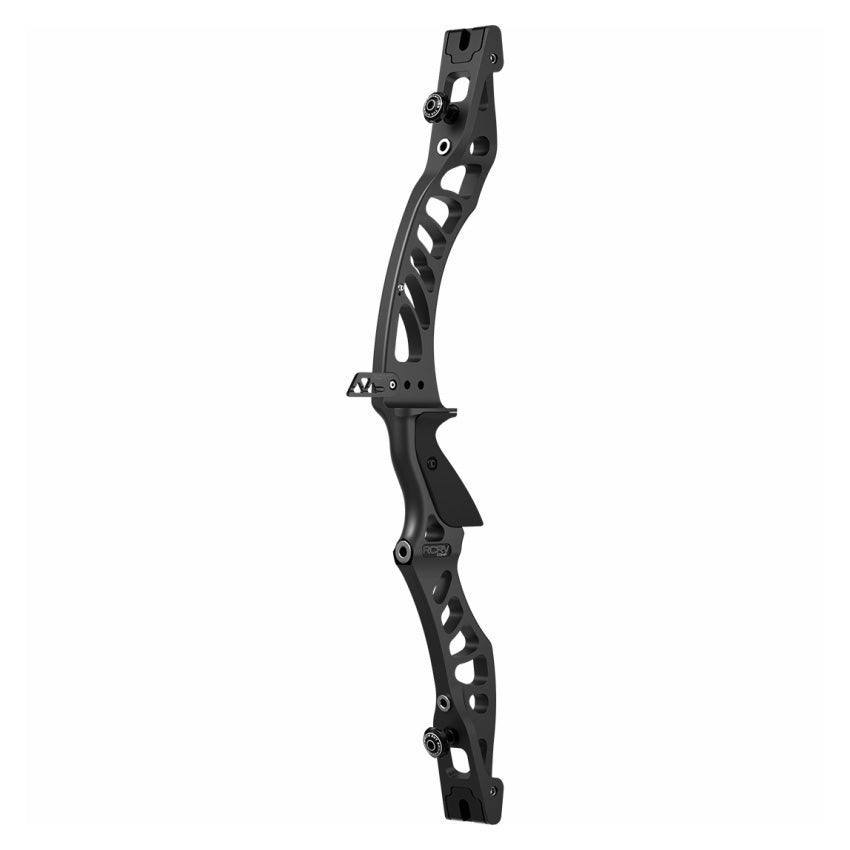Photo of black Hoyt RCRV Comp recurve Riser on a white background.