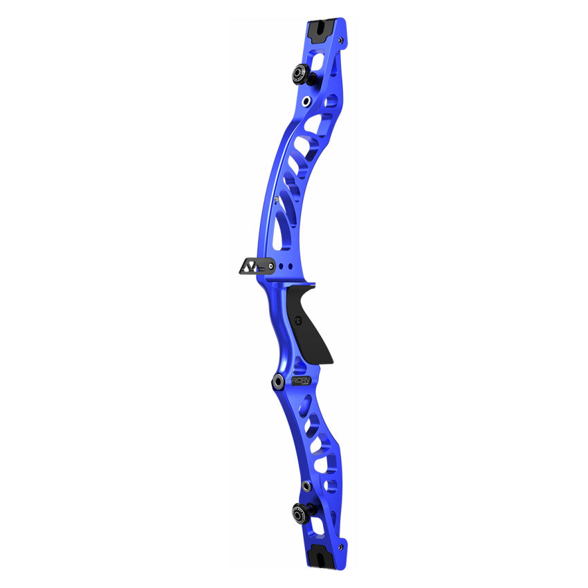 Photo of blue Hoyt RCRV Comp recurve Riser on a white background.