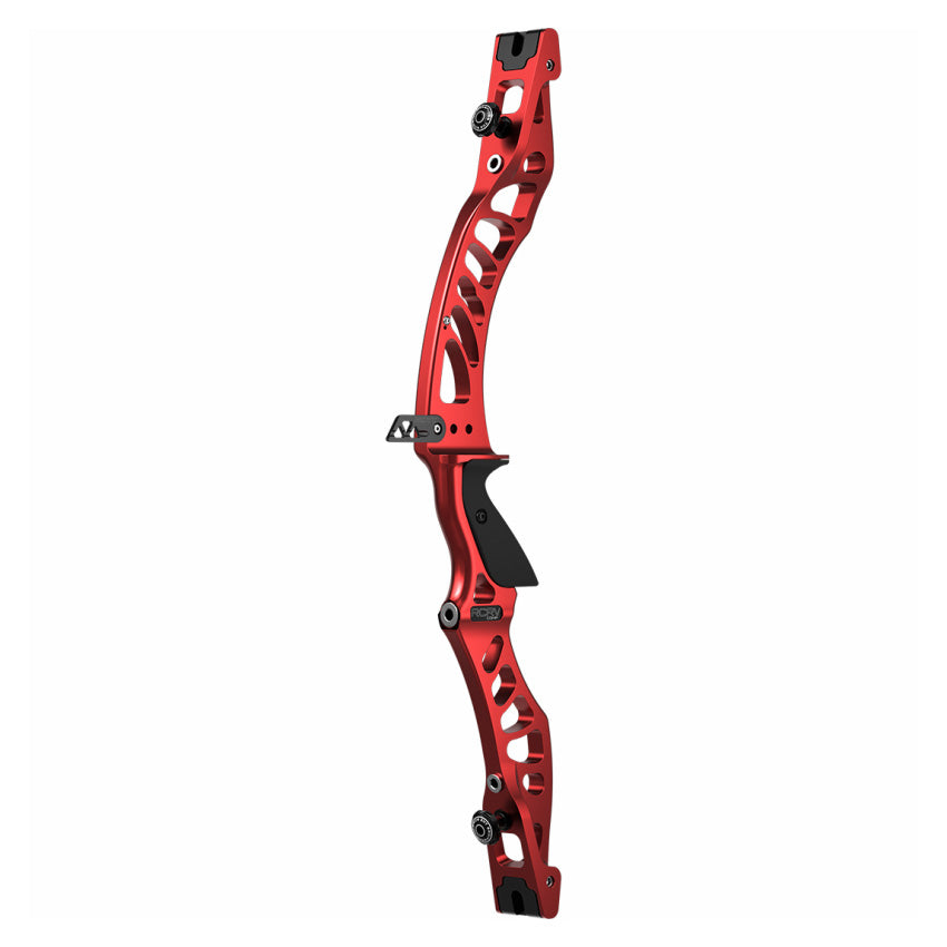 Photo of red Hoyt RCRV Comp recurve Riser on a white background.