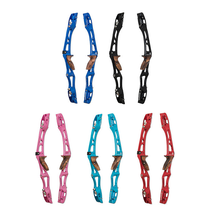 Photo of many Kinetic Ember risers in the range of colours that we stock at INTO Archery.