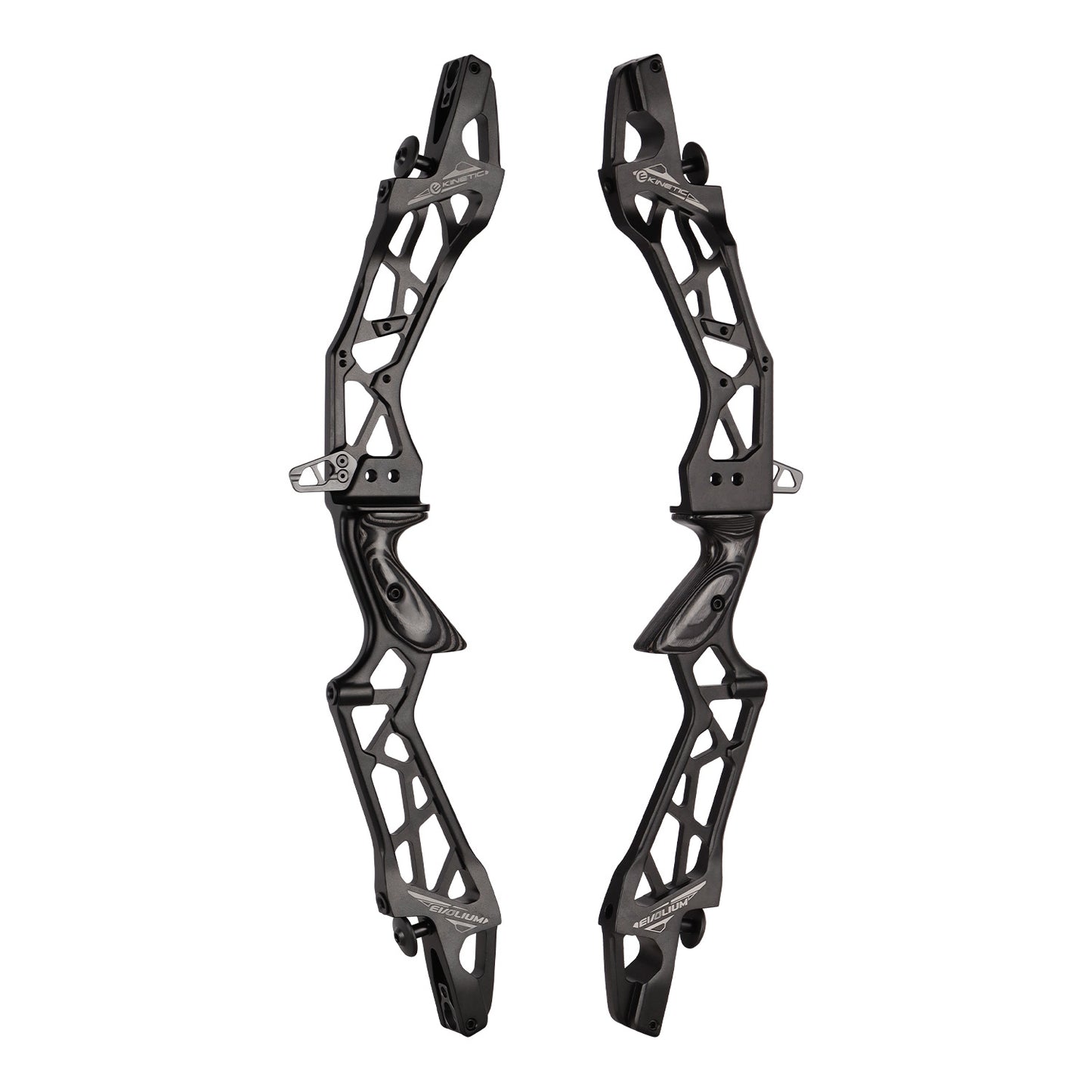 Photo of two black Kinetic Evolium recurve risers on a white background.