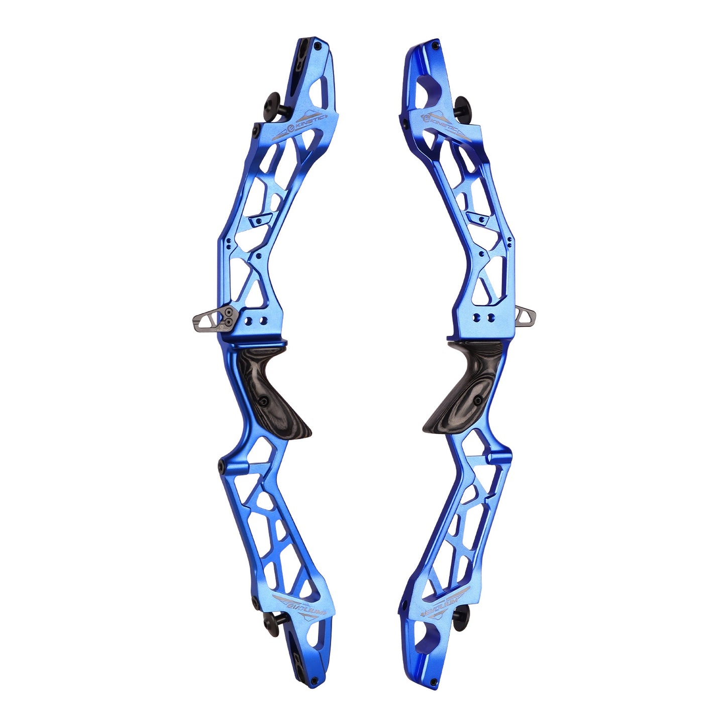 Photo of two blue Kinetic Evolium recurve risers on a white background.