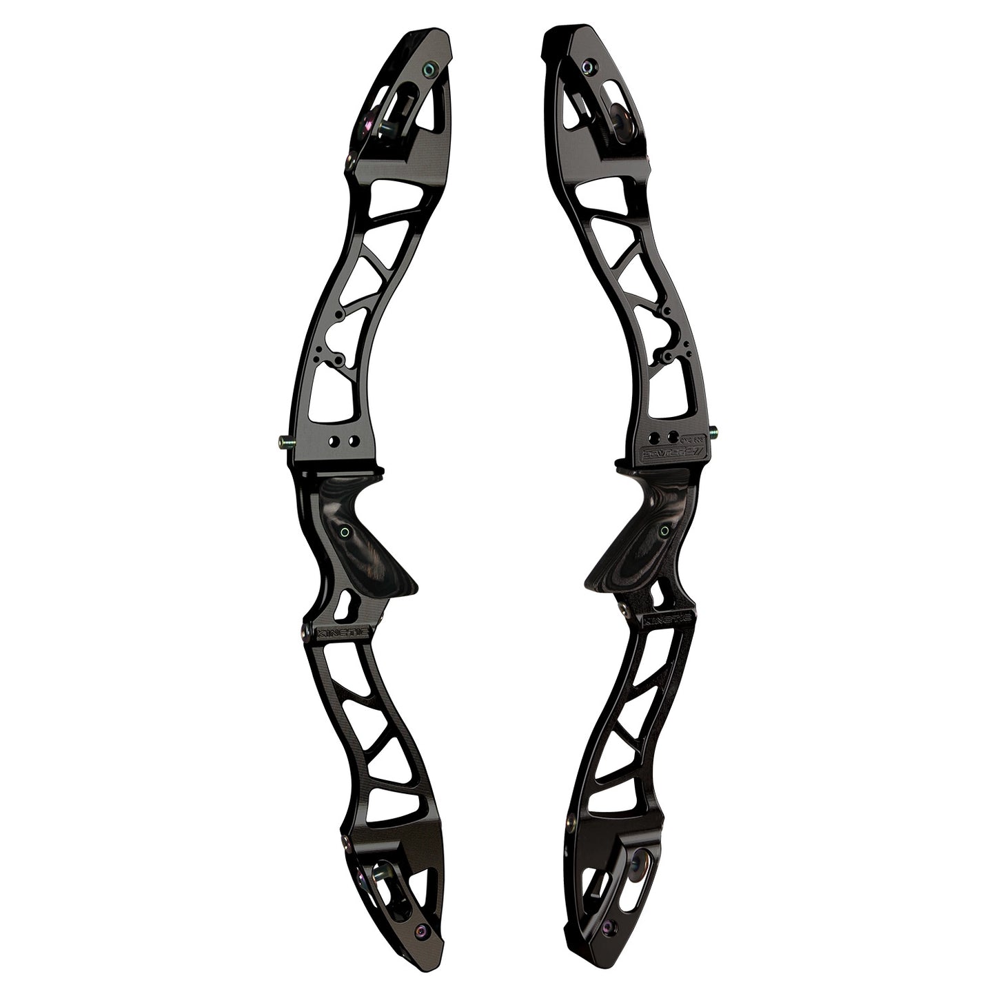 Photo of two black Kinetic Sovren 27" risers for barebow or recurve archery.