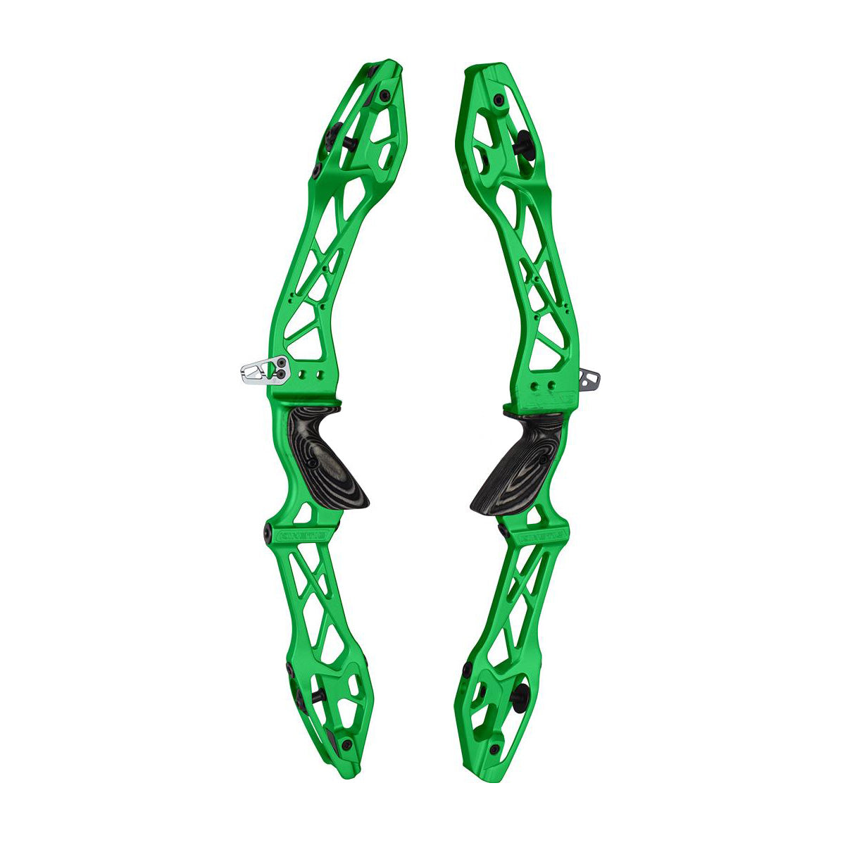Photo of two green Kinetic Zivio V2 recurve risers on a white background.