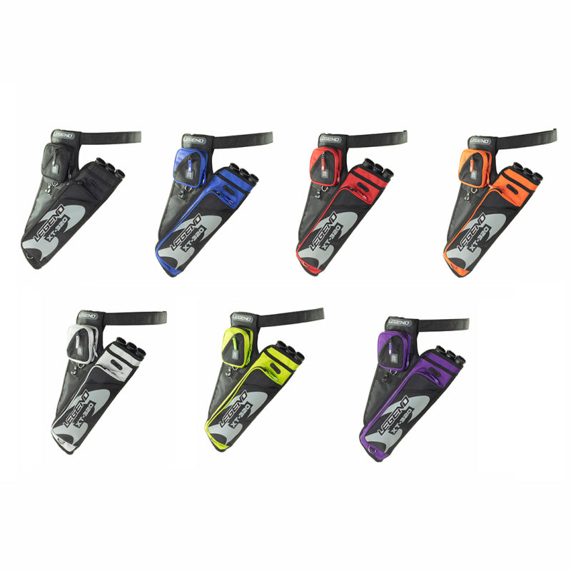 Photo of colour range of Legend XT 320 Hip Quivers. Image includes seven different coloured quivers on a white background.