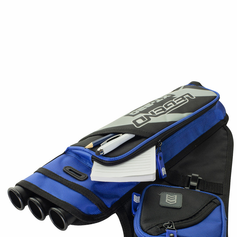 Photo of top down view of blue Legend XT 320 Hip Quiver on a white background.