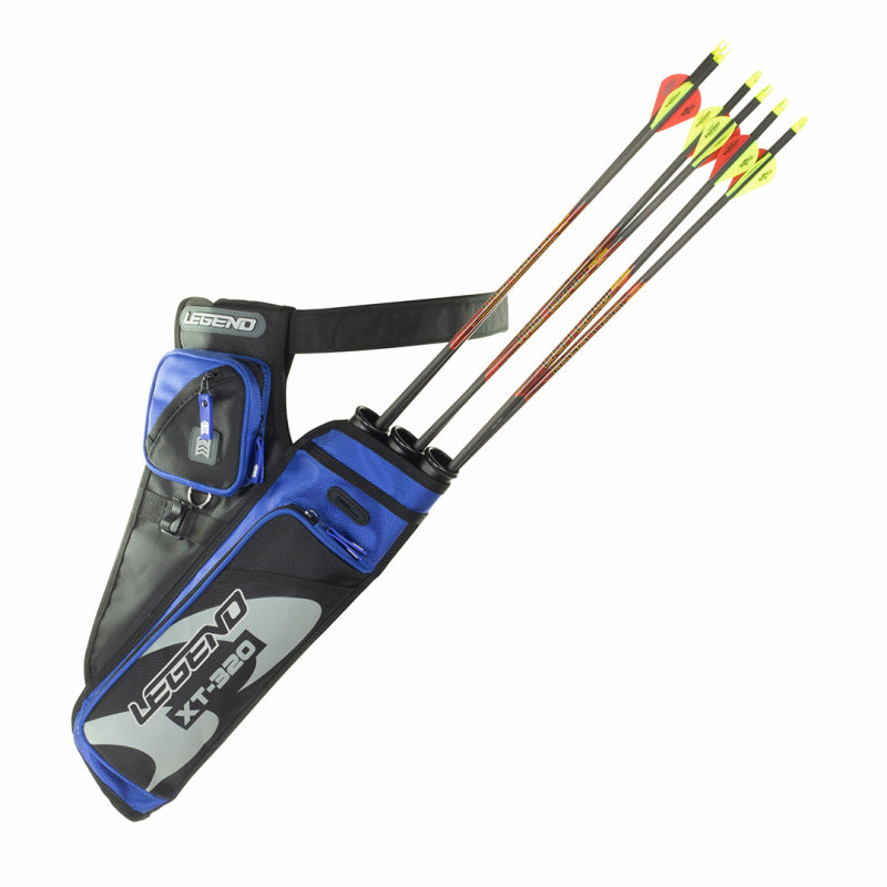 Photo of blue Legend XT 320 Hip Quiver with arrows in it on a white background.