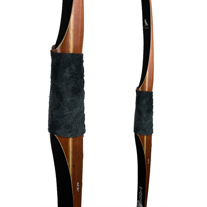 Two views of the handle of the Touchwood Lechuza Longbow on a white background.