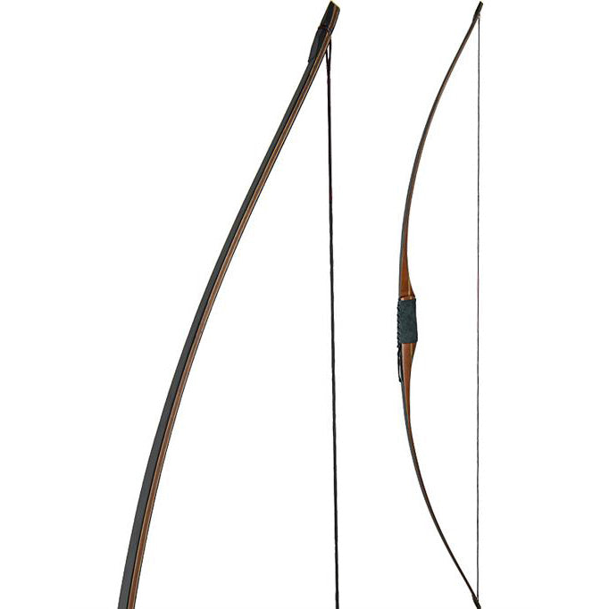 Two views of the Touchwood Lechuza Longbow fully strung. One shows the complete bow and the other focuses on the tip.