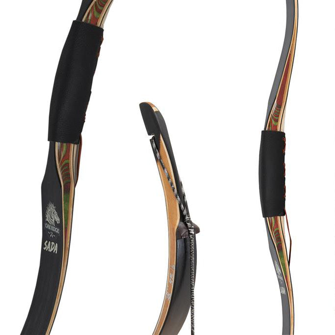 Close up details of Oak Ridge Black Sada Traditional Bows. Includes two handle close-ups and a closeup of one of the bow tips.