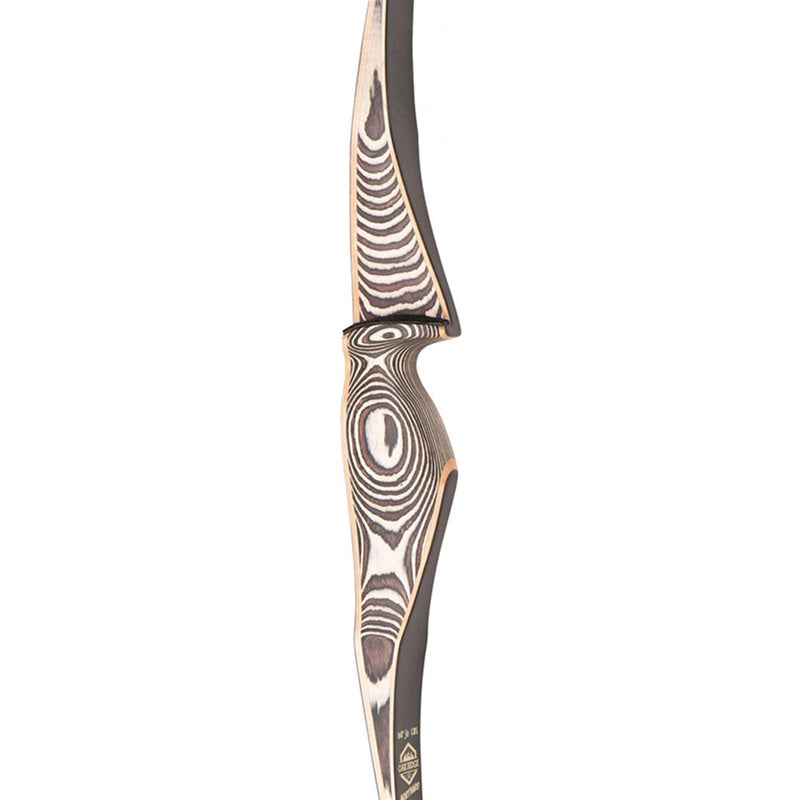 Photo of handle and arrow rest of Oak Ridge Northaro Longbow on a white background.