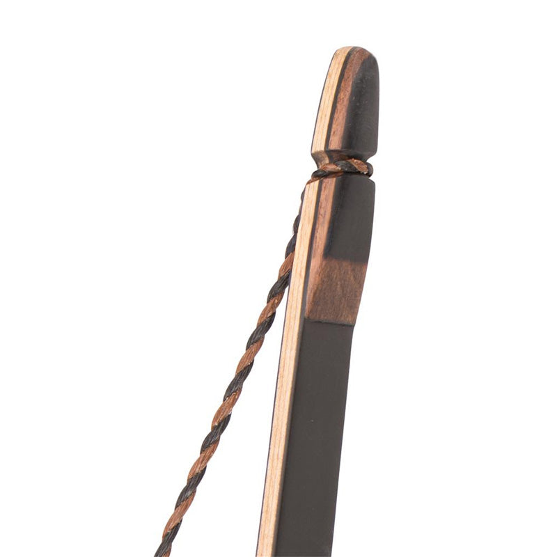 Photo of tip of a strung Oak Ridge Northaro Longbow on a white background.