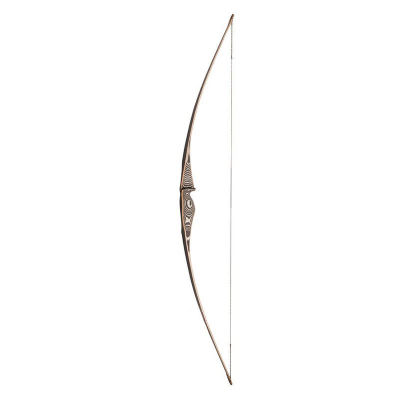 Photo of Oak Ridge Northaro Longbow fully strung on a white background.