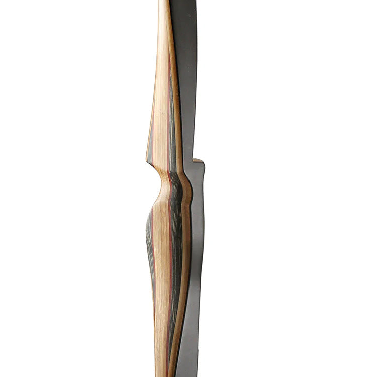 Photo of the front of an Old Mountain Edge Pro Longbow on a white background.