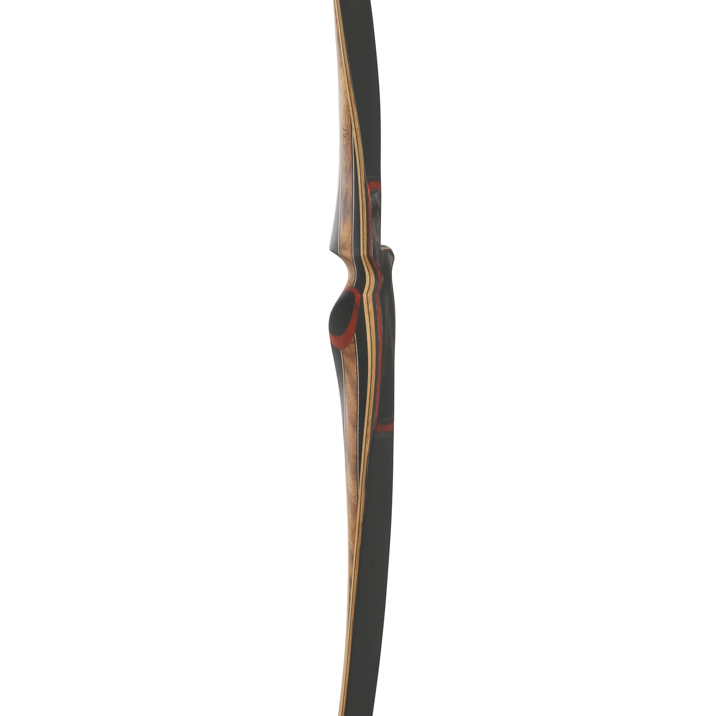 Photo of handle of Old Mountain Volcano longbow on a white background.