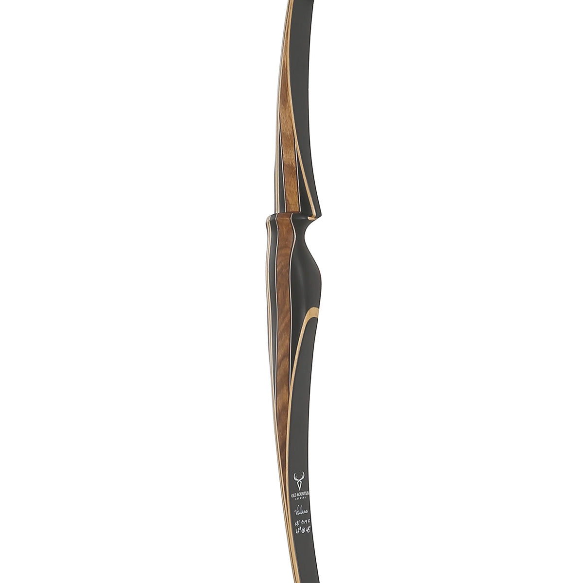 Photo of ledge of Old Mountain Volcano longbow on a white background.