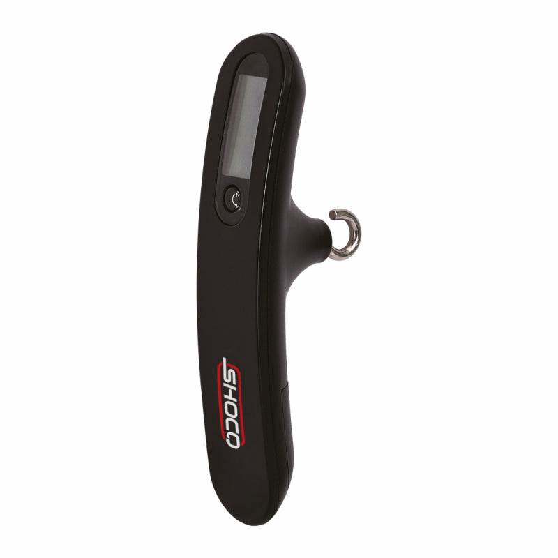 Photo of Shocq digital bow scale on an angle with the top and side visible.