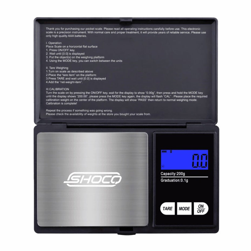 Photo of Shocq Digital Grain Scale with lid open and numbers on the display.