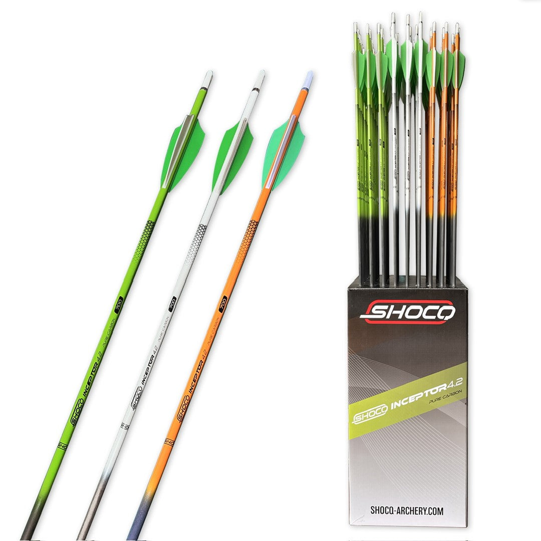 Photo of fletchings of Shocq Inceptor arrows.