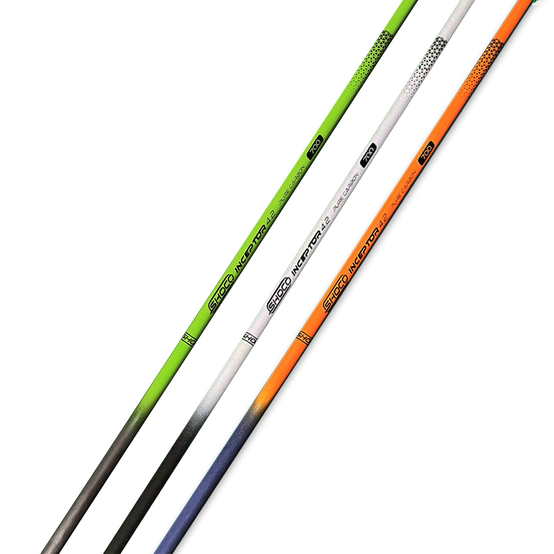 Close-up photo of shafts of three Shocq Inceptor 700 spine arrows.
