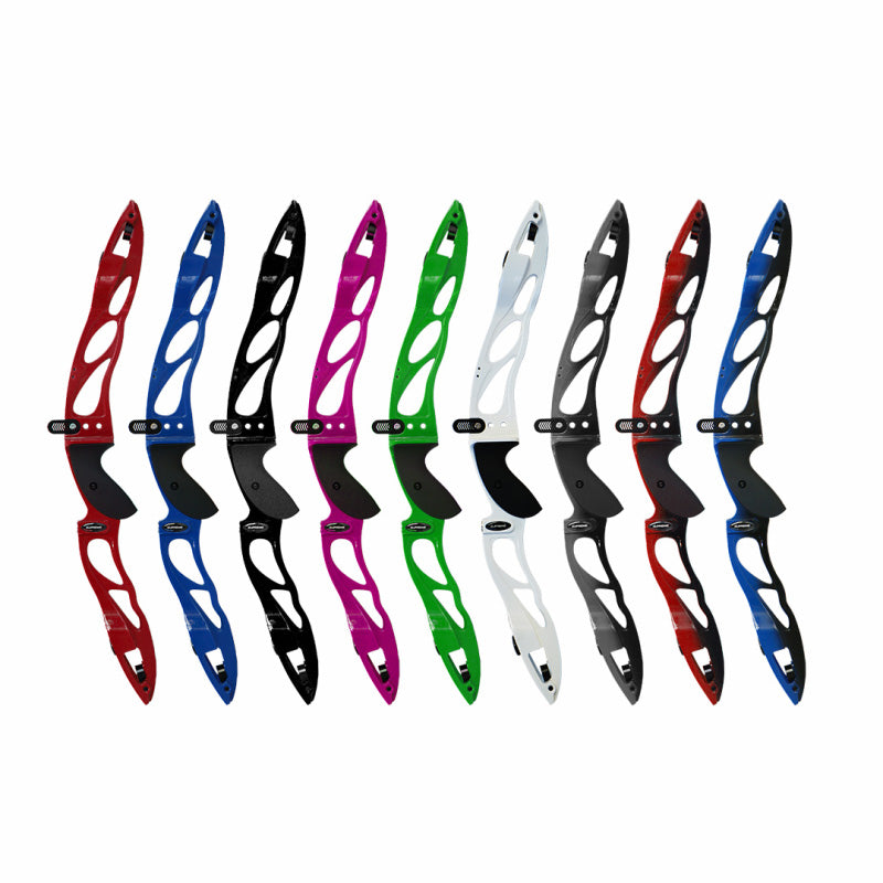 Photo of nine Shocq Supreme ILF Risers in each of the colours available at INTO Archery.