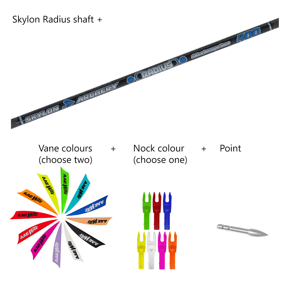 Photo of components of Skylon Radius custom carbon arrows.