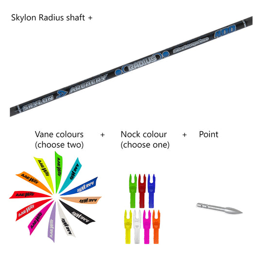 Photo of components of Skylon Radius custom carbon arrows.
