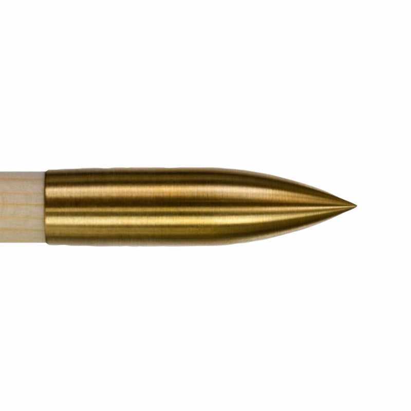 Close-up of a brass bullet-shaped arrow point on a white background.