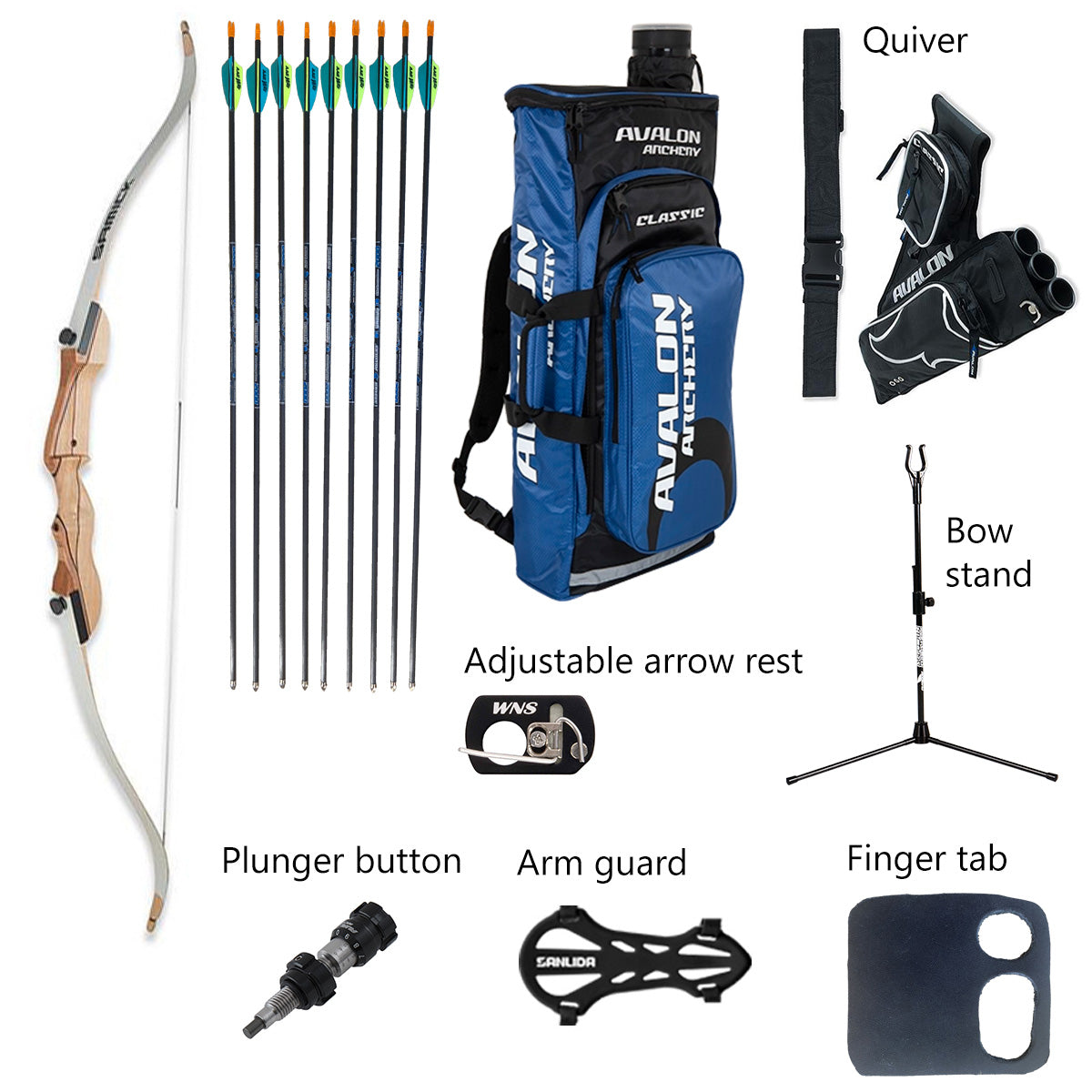Photo of components that make up the INTO Archery Ultimate childrens set. Includes bow, arrows, backpack, quiver, adjustable arrow rest, bow stand, plunger button, arm guard and finger tab.