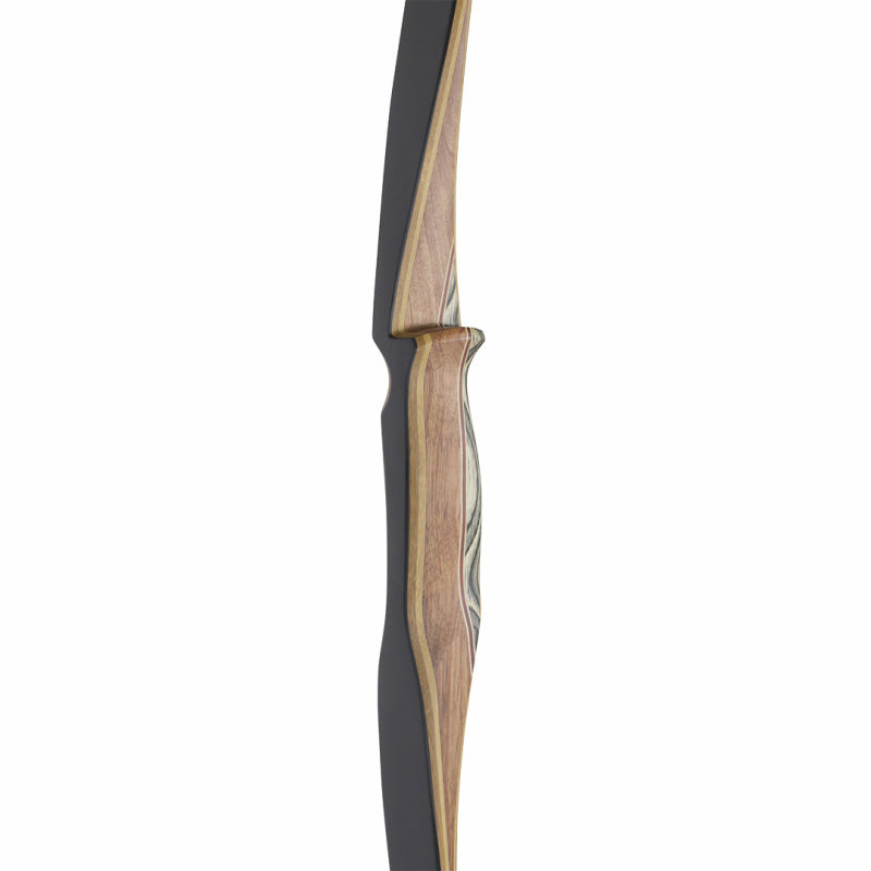 Photo of front and side of handle of White Feather Osprey longbow.