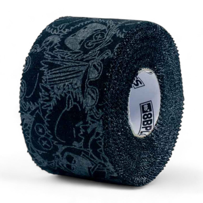 Photo of black patterned finger tape roll with 8BPlus brand logo on a white background.