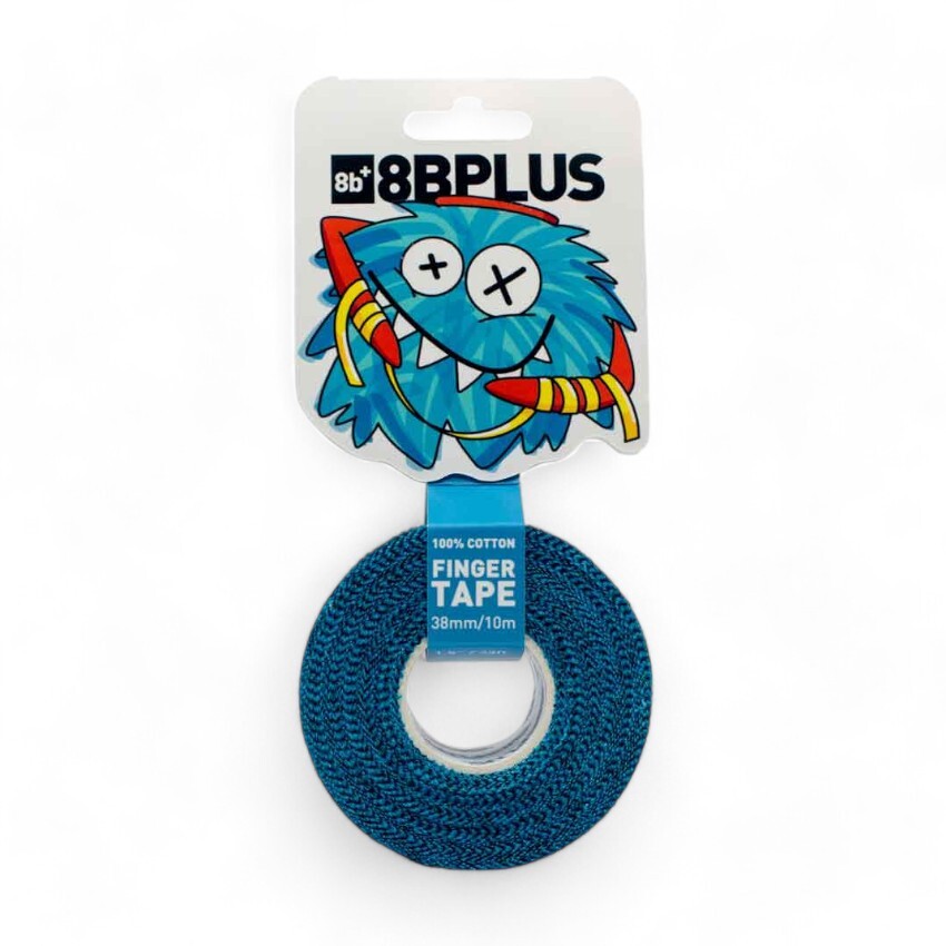 Photo of blue finger tape with 8BPlus branded packaging on a white background.