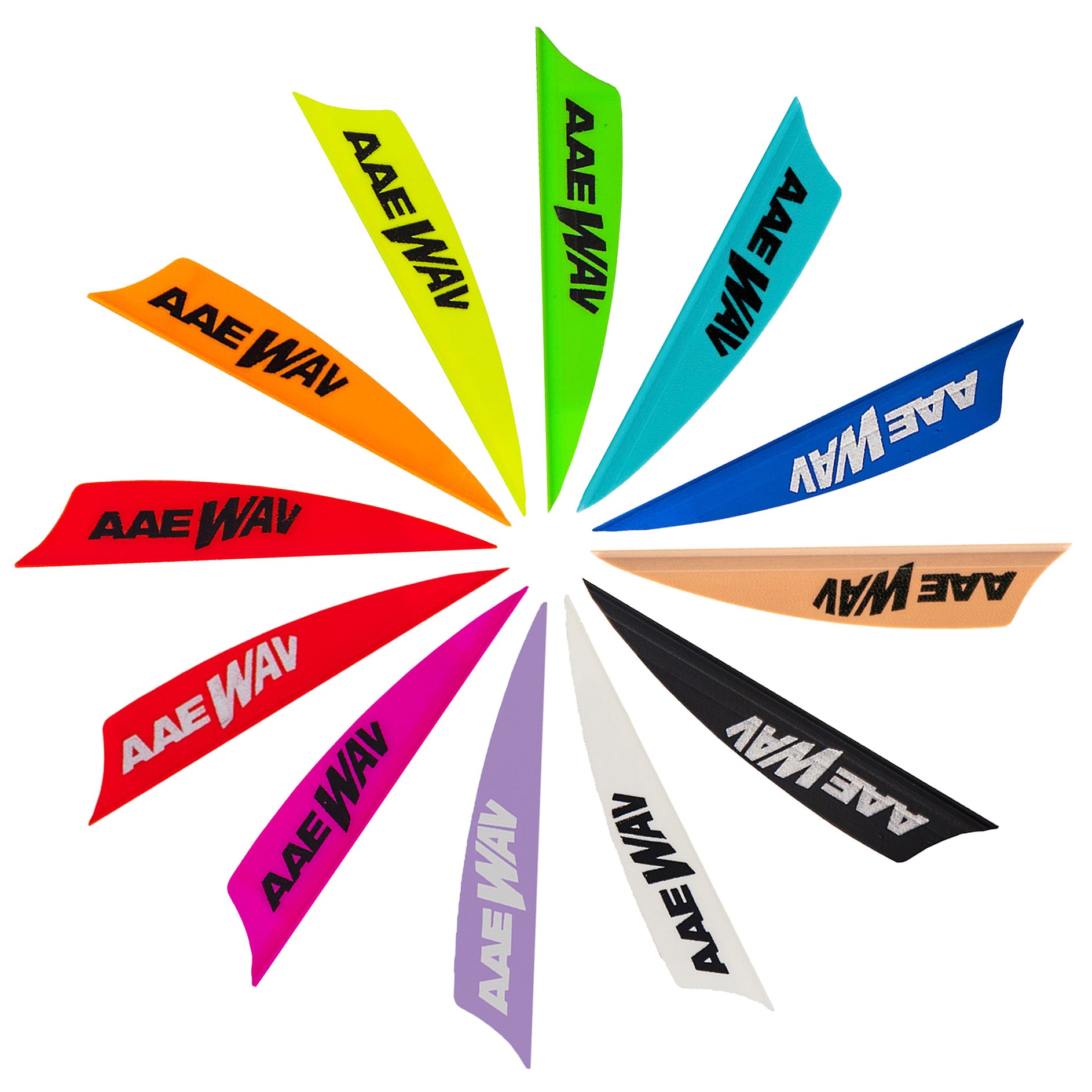 Photo of the different colours of AAE WAV Vanes arranged in a pinwheel shape.